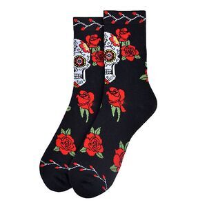 Women's Sugar Skull Socks Black Multi Rose Floral Halloween Gift for Her